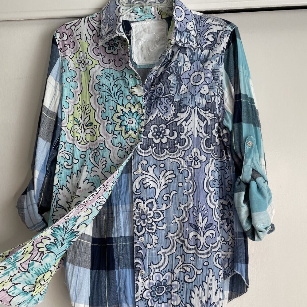 Cino SUNDANCE Floral Plaid Mixed Print Button Down Top Size S Blue Cotton
